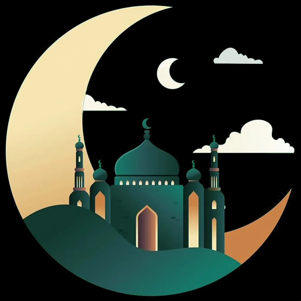 An image where we can see an Islamic Mosque in the middle of clouds and a half moon.