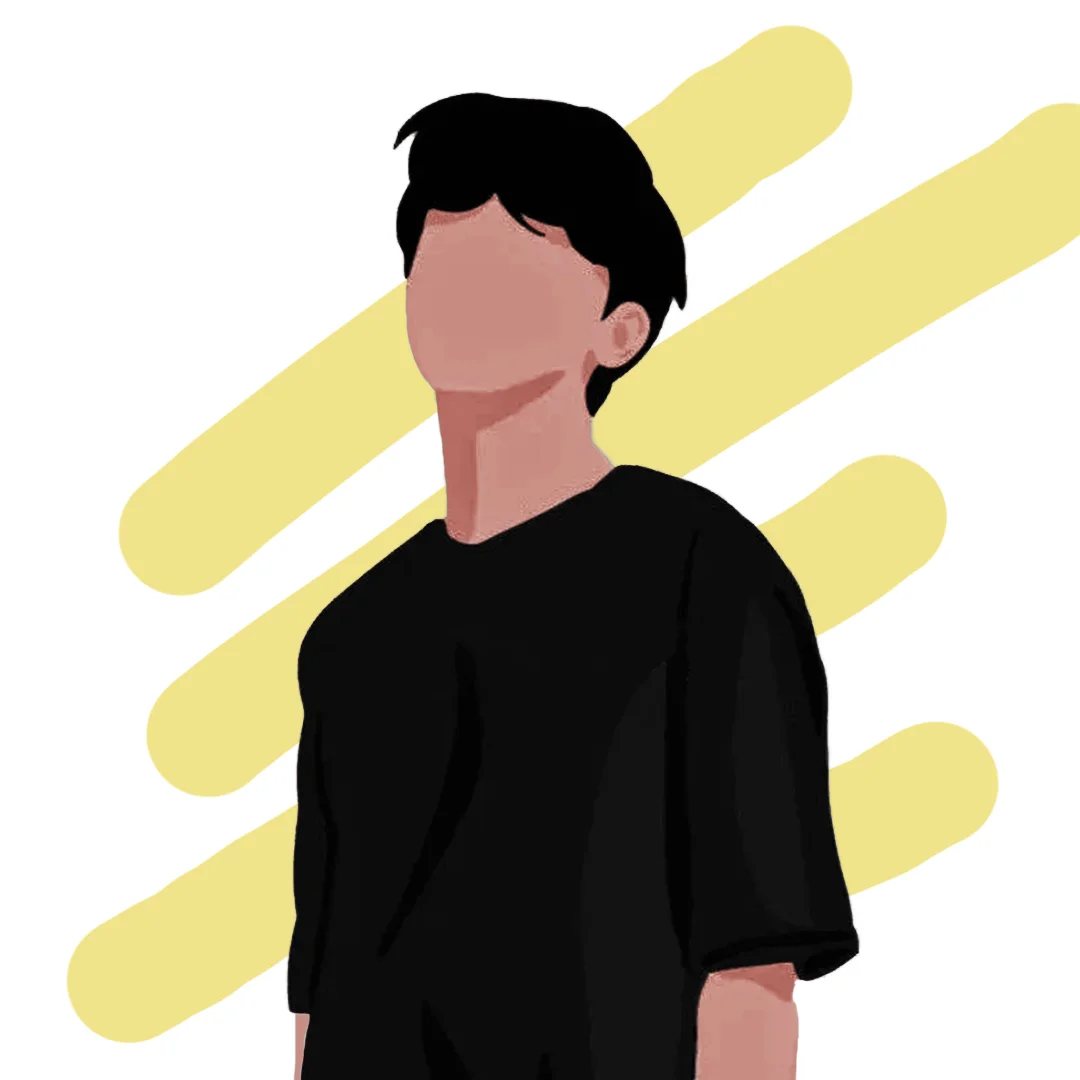 A blank expression boy looking towards the sky. His face is not dark not too fair with black hair. In addition, he is wearing a black T-shirt. The colour of the background is white with yellow stripes.