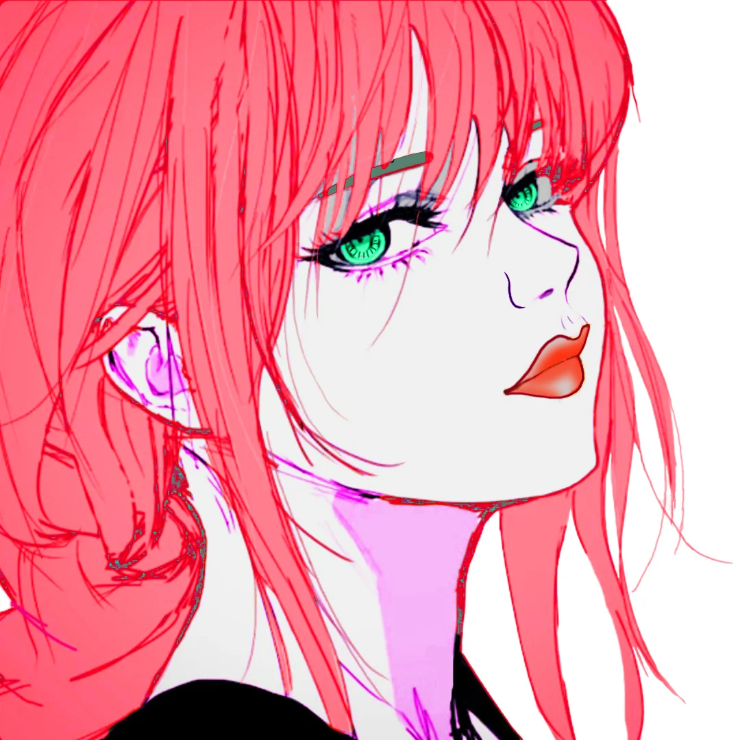 A beautiful cartoon pink girl wearing a black top. Her appearance is red and pink hair, fair complexion, glossy red lips, and catchy light green eyes.