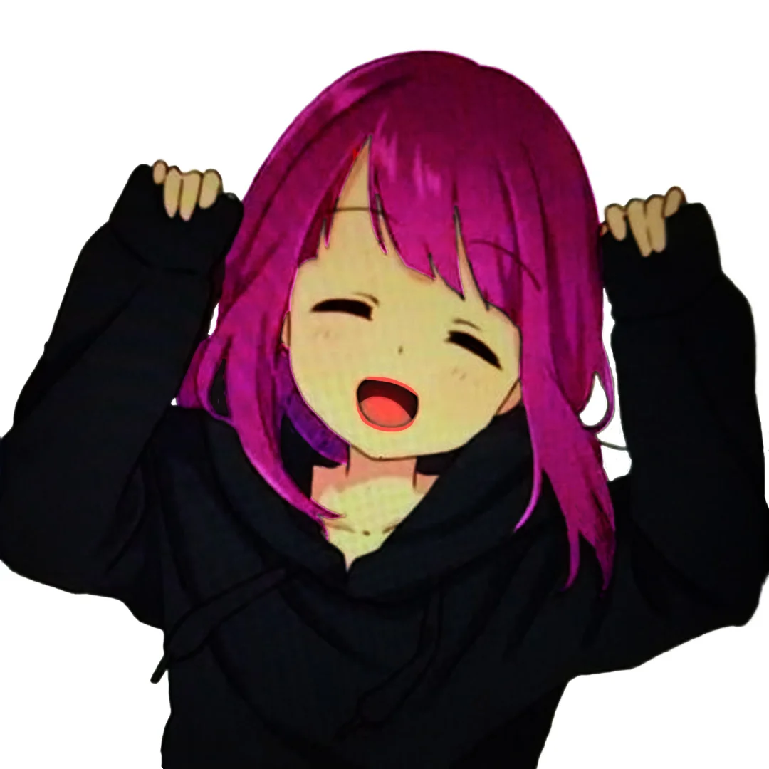 A cute girl while her hands are up with pink and purple mix hair. She is wearing black relaxed/ oversized hoodie.