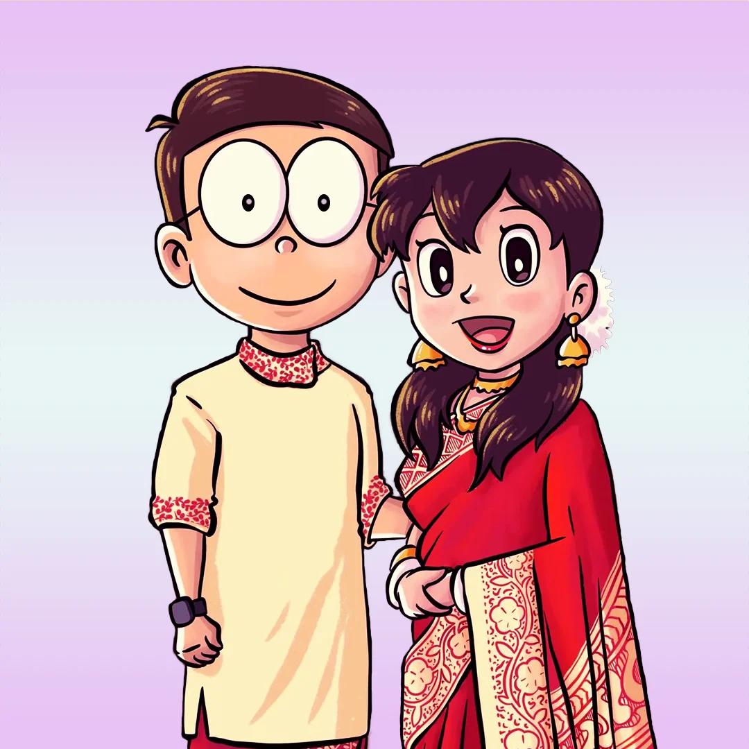 Two characters Nobita and Shizuka from the cartoon "Doraemon". Firstly, They two are known as couples. Secondly, they are known for their true love. Lastly, they are wearing new outfits at the Wedding Party in India.