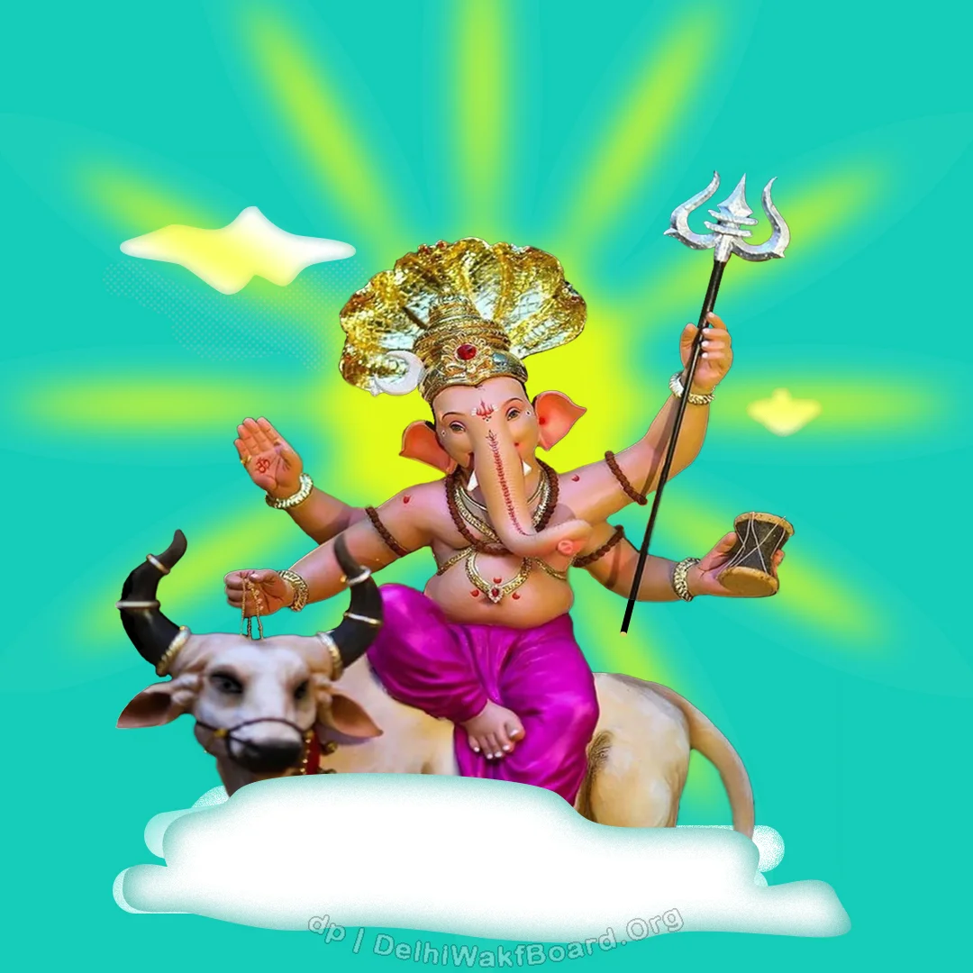 Lord Ganesh sitting on an animal travelling through the clouds in the blue sky.