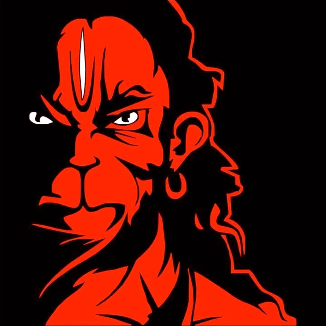 An angry image of lord hanuman, body full of red and big eyes.