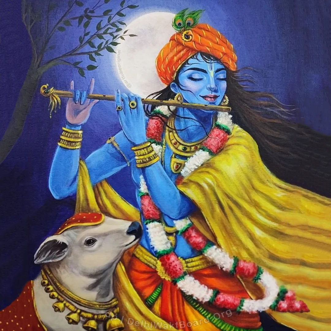 Lord Krishna with deep melody and his fluet along with his cow in the dark night.