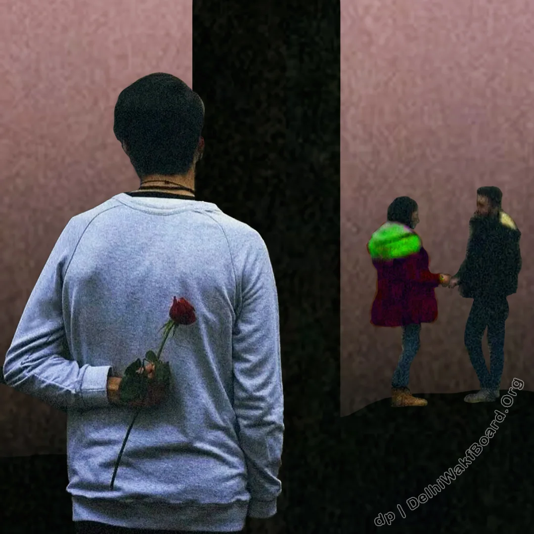 An image with two boys and a girl. A sad boy standing far behind a pillar with a broken heart. Because she gets to the other person ignoring him.