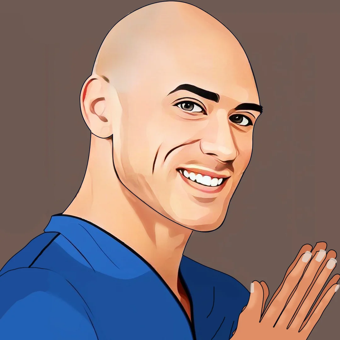 A cartoon image of Johnny Sins well known for his different  Professions. He is wearing blue t-shirt, rubbing both his hands. He is looking towards you with bold looks