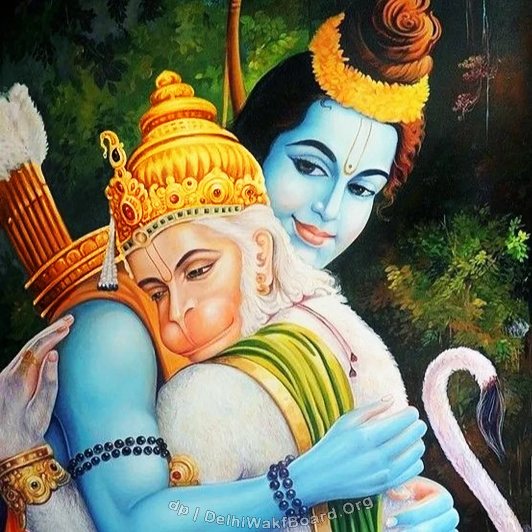 God Ram and Hanuman hugging in the field with love and affection.