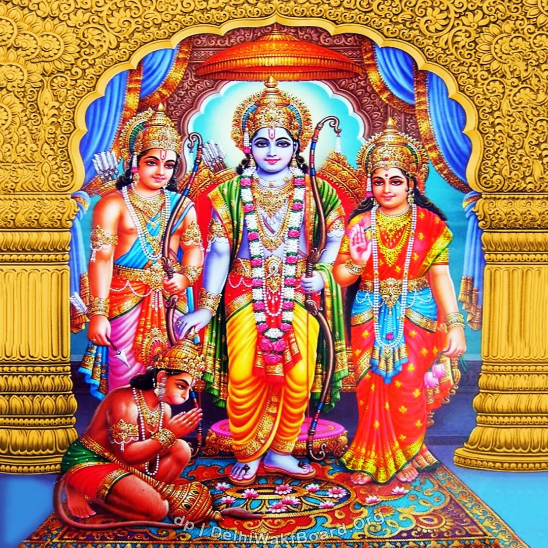 An ancient image of Hanuman bhakti to God Ram, Sita and Laxman inside a temple.