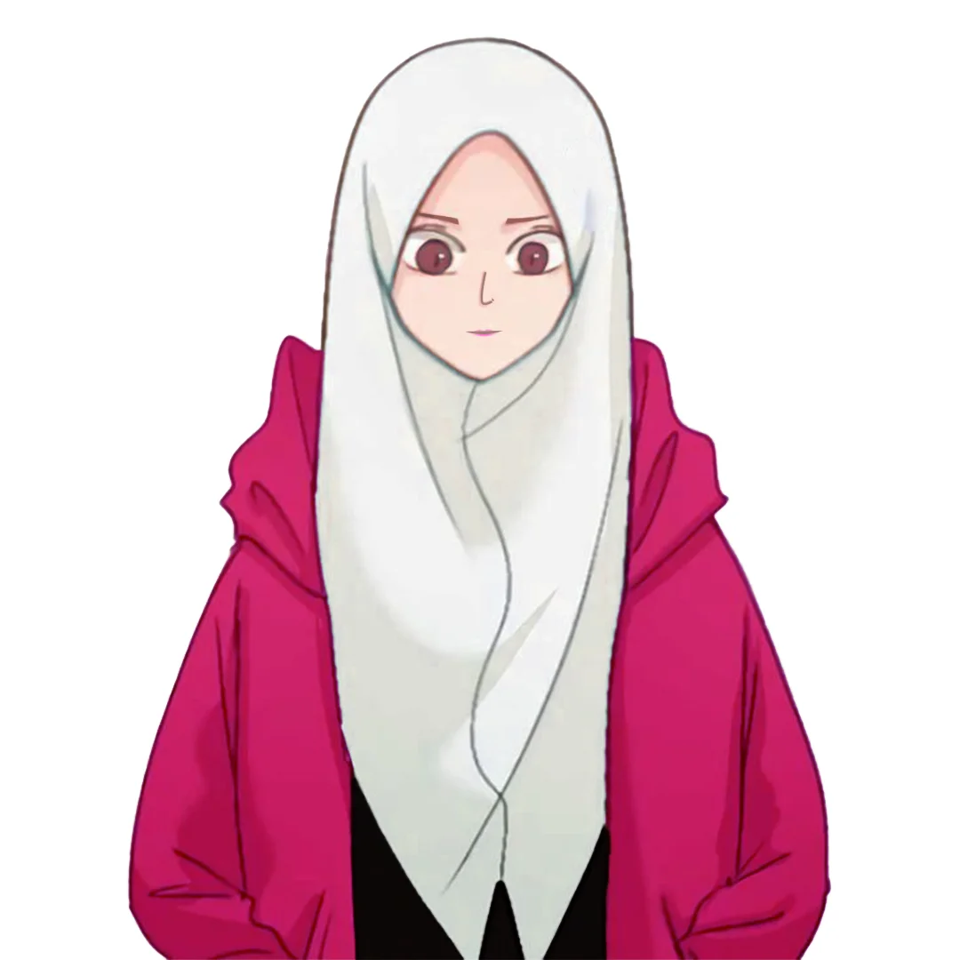 A young cartoon Muslim girl wearing a pink and white outfit. She is skinny and her body is covered with pink oversized, moreover, her head and face are covered with a white cloth.