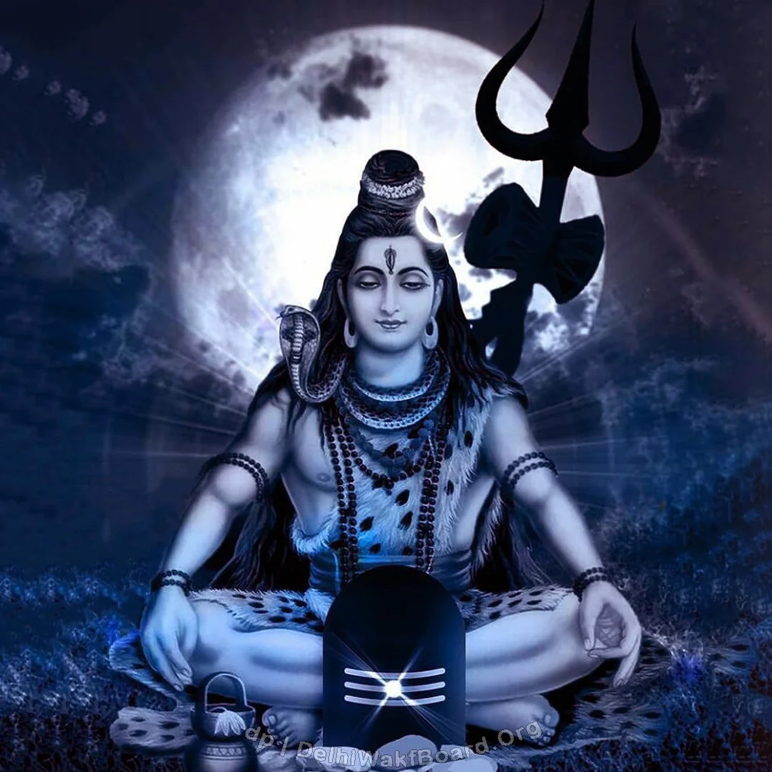 Lord Shiva is in a stage of meditation moon on the back and shivling right in front of him. 