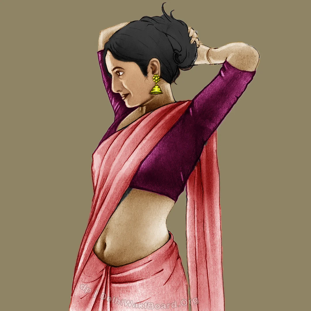 A wonderful young girl posing like a model in front of the mirror and camera. She is wearing a pink saree and purple blouse while she is catching her hair with both hands at her back.
